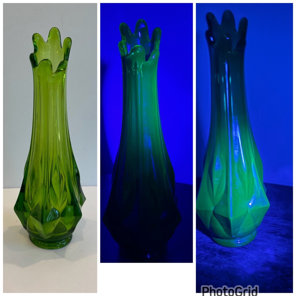 Vintage Green Swung Glass Vase 10" UV Reactive Glow Mid Century MCM Glows!